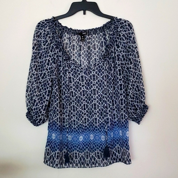 Aqua blouse diamond abstract print, tassels, puff sleeve, semi sheer size small. - Picture 1 of 7
